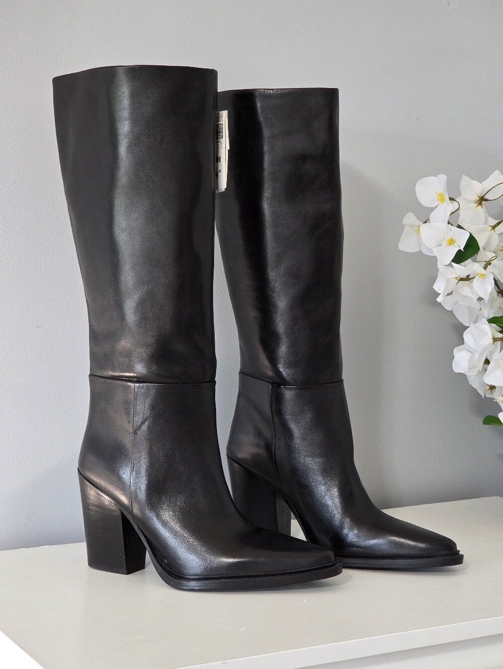 ZARA NWT Black Leather Knee High Pointed Toe Block Heel Tall Boots Sz 38/7.5